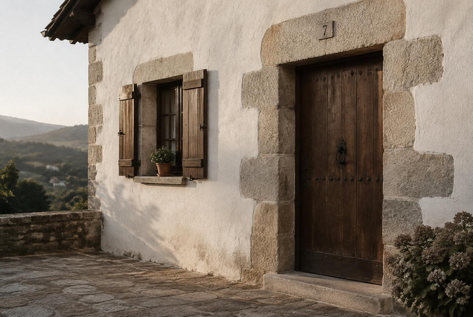 Casa tradicional de piedra y cal con puerta de madera, contras abiertas y un paisaje de colinas al fondo